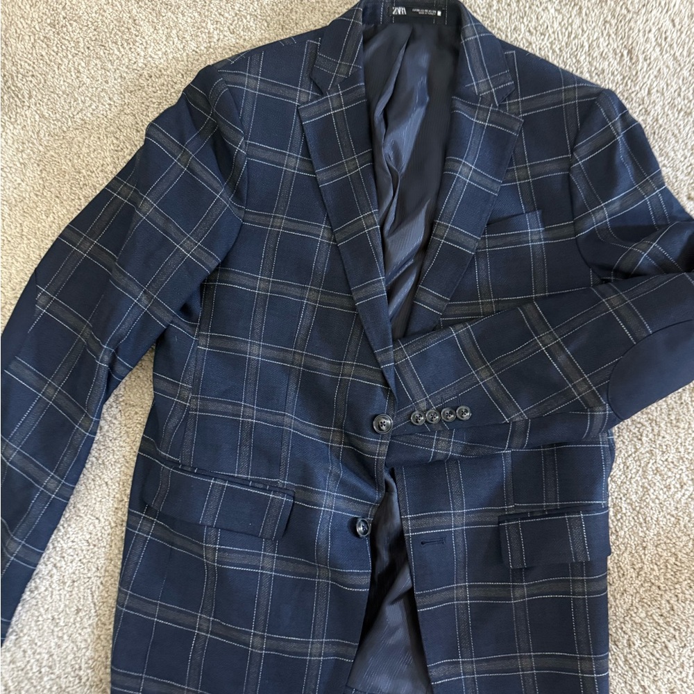 Zara Navy Plaid Windowpane Blazer